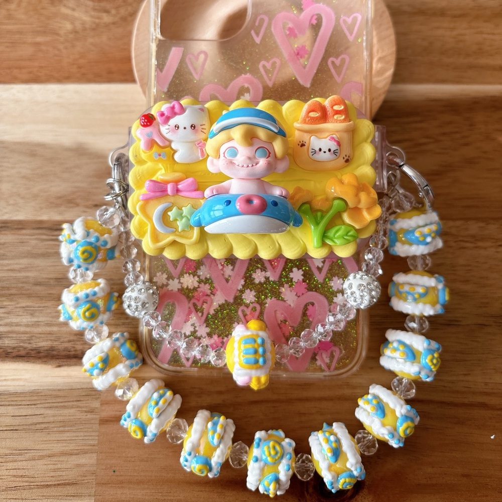 Handmade Kawaii double chain Beans Deco Phone Back Clip with flip mirror